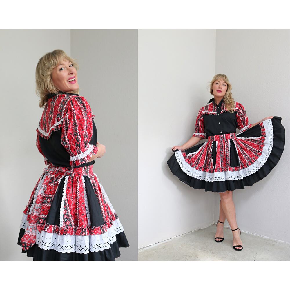 1970's Vintage Bandana Print Square Dance Blouse & Skirt Dress Women's XS SM MD
